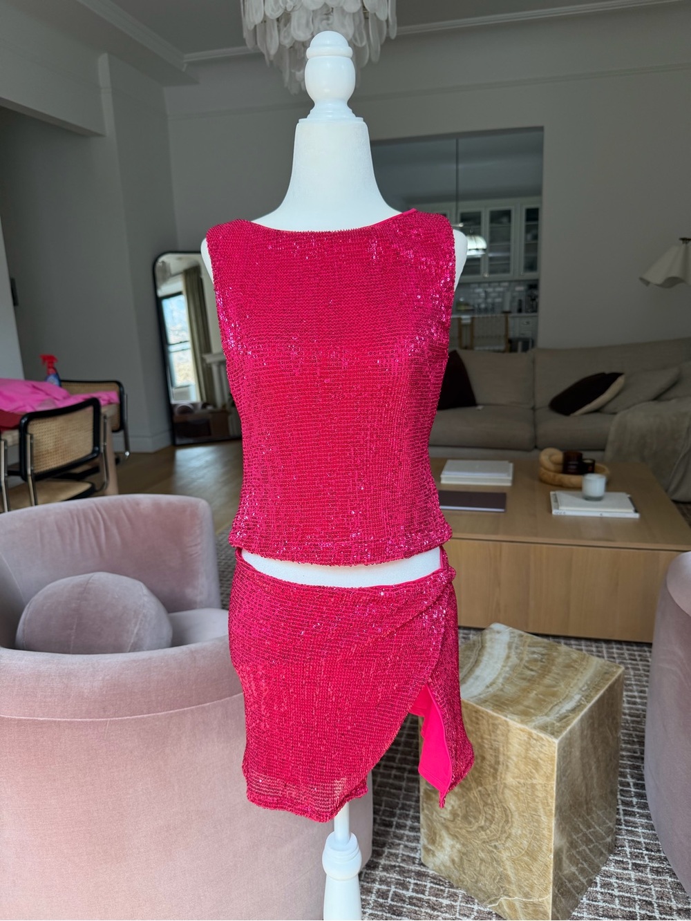 Lovers + Friends Pink/Red Sequin Mini Skirt Set